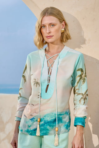 Look blusa Print Coqueiros com bermuda Lummer Coral