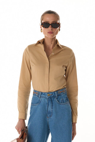Camisa Tricoline C/ Ombreiras - Areia