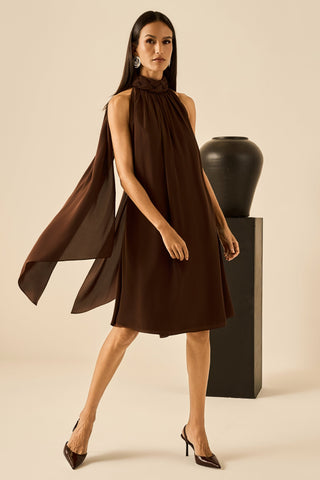 Vestido Frente Unica Midi Lenços - Marrom