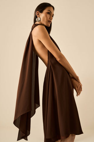 Vestido Frente Unica Midi Lenços - Marrom