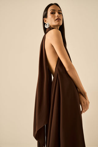 Vestido Frente Unica Midi Lenços - Marrom