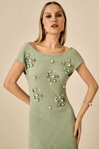 Vestido Croche Bordado Perolas - Menta