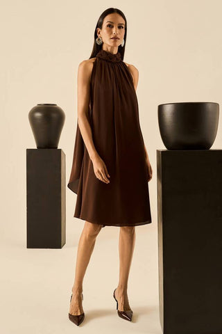 Vestido Frente Unica Midi Lenços - Marrom